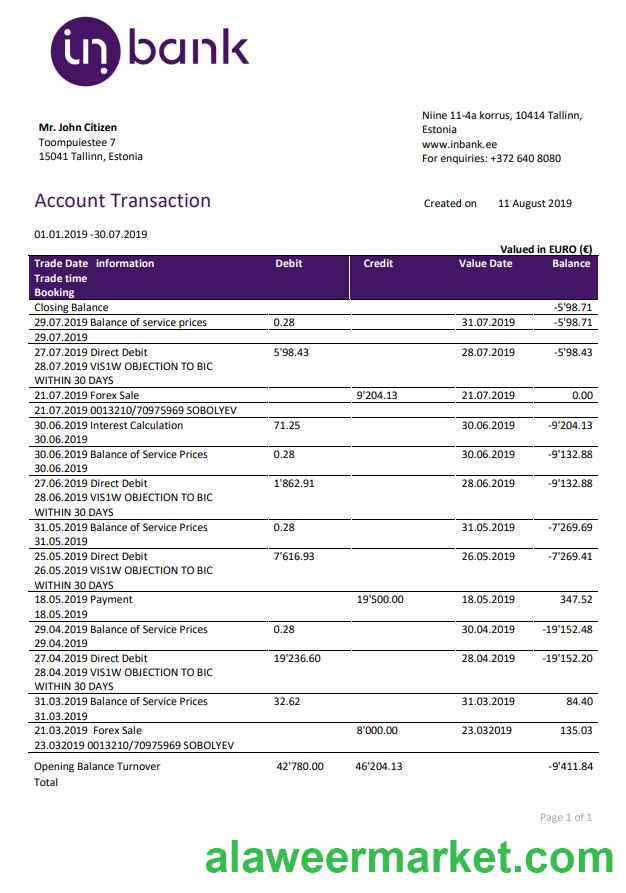 Estonia Inbank bank statement